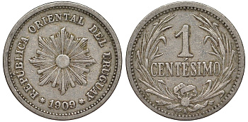 Уругвай 1 сентесимо 1909 KM 19 медно-никель 4169-615