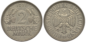 ФРГ 2 марки 1951 D J 386, KM 111 медно-никель плакированный никелем 1515-2341