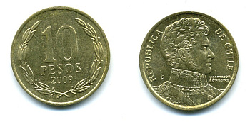 ЧИЛИ 10 ПЕСО 2009 ГЕНЕРАЛ БЕРНАРДО О ХИГГИНС KM 228.2 никель-бронза 37-736