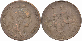 ФРАНЦИЯ 5 САНТИМОВ 1899 ТИП ДАНИЭЛЬ ДЮПЮИ KM 842, LE FRANC 119.7 бронза 108-821
