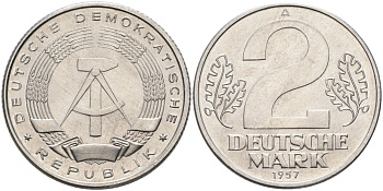 ГДР 2 марки 1957 А KM 14 алюминий UNC 4574-512
