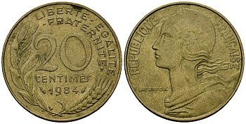 Франция 20 сантимов 1984 тип Marianne KM 930, Le Franс 156.24 медь алюминий никель 4135-621