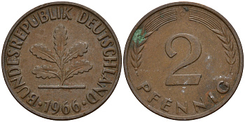 ФРГ 2 пфеннига 1966 D J.381  KM 106 бронза    4598-741