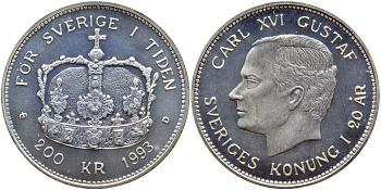 Швеция 200 крон 1993 Карл XVI Густав (1973- ), 20 лет правления KM 881 серебро BUNC 1072-5-51