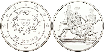 Греция 10 евро 2003 XXVIII летние Олимпийские игры 2004 года в Афинах, легкая атлетика, эстафета KM 196 серебро PROOF 1074-9-41