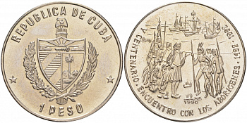 Куба 1 песо 1990 500 лет открытия Америки, Колумб и аборигены KM 288 медно-никель UNC 00-00