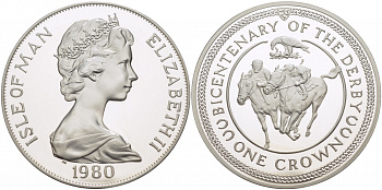 Остров Мэн 1 крона 1980 200 лет дерби, ипподромные скачки KM 63а серебро PROOF 1082-2-24