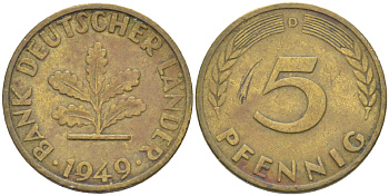 ФРГ 5 ПФЕННИГОВ 1949 D KM 102, J. 377 сталь плакированная латунью 4181-865