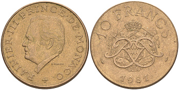Монако 10 франков 1981 Ренье III (1949-2005) KM 154 медь алюминий никель 190-611
