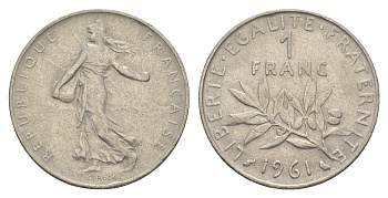 Франция 1 франк 1961 сеятель KM 925 никель 4539-1232