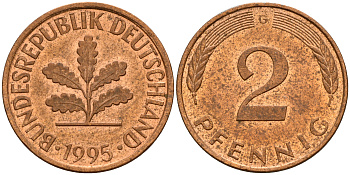 ФРГ 2 пфеннига 1995 G J.381a, KM 106a сталь плакированная медью    4598-938