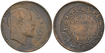 Британская Индия 1/4 анна 1907 Эдуард VII (1901-1910), брак, смешение штемпеля KM 502 медь    413-2031