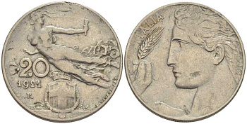 Италия 20 чентезимо 1921 R, Виктор Эммануил III (1900-1946) KM 44 никель 212-737