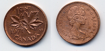 Канада 1 цент 1971 Елизавета II (1952-2022), кленовый лист KM 59.1 бронза 54-2356