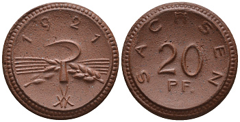 Саксония 20 пфеннигов 1921 колосья и серп J. N 53 фарфор UNC 1094-9-25