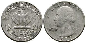 США 25 центов (квотер) 1977 D, Вашингтон KM 164a медь плакированная медно-никелем 57-736