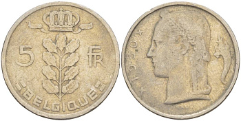 БЕЛЬГИЯ 5 ФРАНКОВ 1950 BELGIQUE, БОДУЭН I (1951-1993) KM 134.1 медно-никель 4546-317