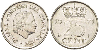НИДЕРЛАНДЫ 25 ЦЕНТОВ 1971 ЮЛИАНА (1948-1980) KM 183 никель 214-957