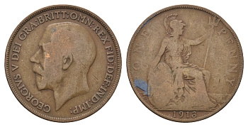 Великобритания 1 пенни 1913 Георг V (1910-1936) KM 810, Spink 4051 бронза 4680-842