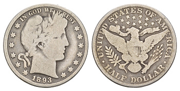 США 1/2 доллара (50 центов) 1893 50 центов Барбера KM 116 серебро    5010-1612