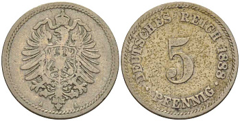 ГЕРМАНИЯ 5 ПФЕННИГОВ 1888 A, СТАРОГЕРБОВКА KM 3, J. 3, Weege 5 медно-никель 206-1061