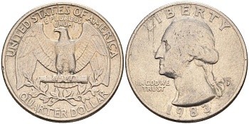 США 25 центов = квотер 1983 P, Вашингтон KM A164a медь плакированная медно-никелем 92-1226