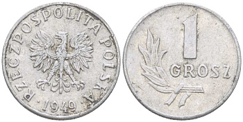 ПОЛЬША 1 ГРОШ 1949 KM 39, Parchimowicz 201 алюминий 29-1149