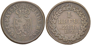 Нассау 1 крейцер 1809 Фридрих Август и Фридрих Вильгельм (1803-1816) KM 3, AKS 18, Jg.7 медь 4548-917