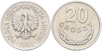 Польша 20 грошей 1961 MW KM А47, Parchimowicz 208b алюминий 4174-665