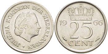 Нидерланды 25 центов 1966 Юлиана (1949-1980) KM 183 никель 214-946
