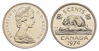 Канада 5 центов 1974 Елизавета II (1952-2022), бобр KM 60.1 никель PROOF-LIKE (BU) 4630-943