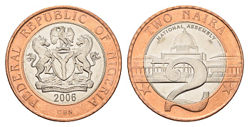 Нигерия 2 найры 2006 год-тип KM 19 биметалл UNC 25-216