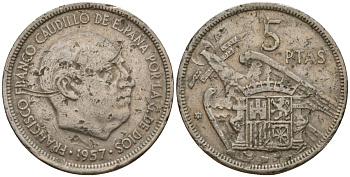 Испания 5 песет 1957 (71) Франсиско Франко (1939-1975) KM 786 медно-никель 186-712