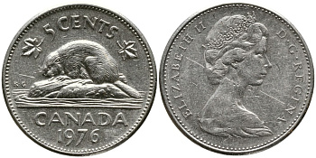 Канада 5 центов 1976 бобр, Елизавета II (1952-2022) KM 60.1 никель 4543-646