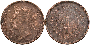 Стрейтс-Сетлментс 1 цент 1874 Виктория (1837-1901), Ост-Индская компания KM 9 медь 4590-333