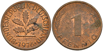 ФРГ 1 пфенниг 1976 F KM 105, J. 380 сталь плакированная медью    4598-551