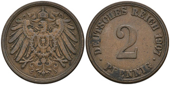 Германия 2 пфеннига 1907 А KM 16, J. 11 медь 4573-1113