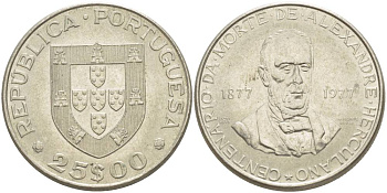 Португалия 25 эскудо 1977 100 лет со дня смерти Александро Геркулано KM 608 медно-никель 4542-821