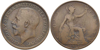 Великобритания 1 пенни 1917 Георг V (1910-1936) KM 810, Spink 4051 бронза 115-124