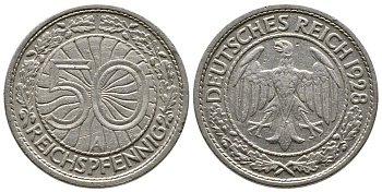 Германия 50 рейхспфеннигов 1928 A KM 49, J. 324 никель 4380-412