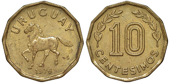 Уругвай 10 сентесимо 1976 KM 66 алюминиевая бронза 4164-735