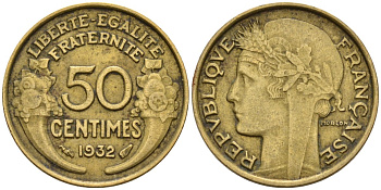 Франция 50 сантимов 1932 KM 894.1, Le Franc 192.15 алюминиевая бронза 4596-763