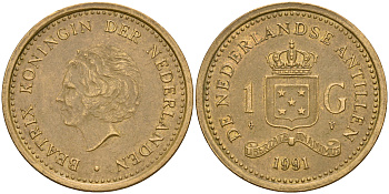 Нидерландские Антилы 1 гульден 1991 Беатрикс (1980-2013) KM 37 позолоченная сталь 4364-1833