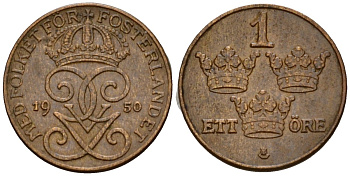 Швеция 1 эре 1950 Густав V (1907-1950) KM 777.2 бронза 4602-269
