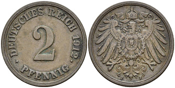 Германия 2 пфеннига 1912 F KM 16, J. 11, Weege 4медь 4546-723