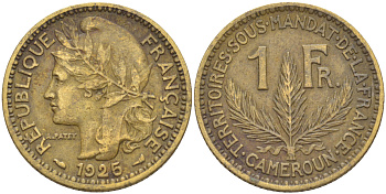 Французский Камерун 1 франк 1925 (а), монетный двор Париж KM 2 алюминиевая бронза 33-554