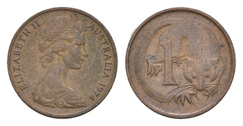 Австралия 1 цент 1974 Елизавета II (1952-2022), молодой портрет, опоссум KM 62 бронза 4655-1214