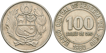 Перу 100 солей 1980 KM 283 медно-никель 4110-445