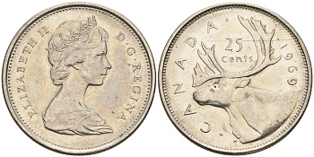 Канада 25 центов 1969 Елизавета II (1952-2022), олень KM 62 b никель 4603-225