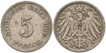 Германия 5 пфеннигов 1906 D KM 11, J. 12 медно-никель 4151-452